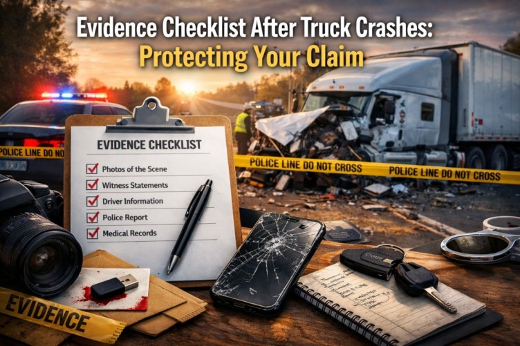 Truck crash scene with evidence checklist, damaged semi-truck, police tape, and tools for documenting a claim.