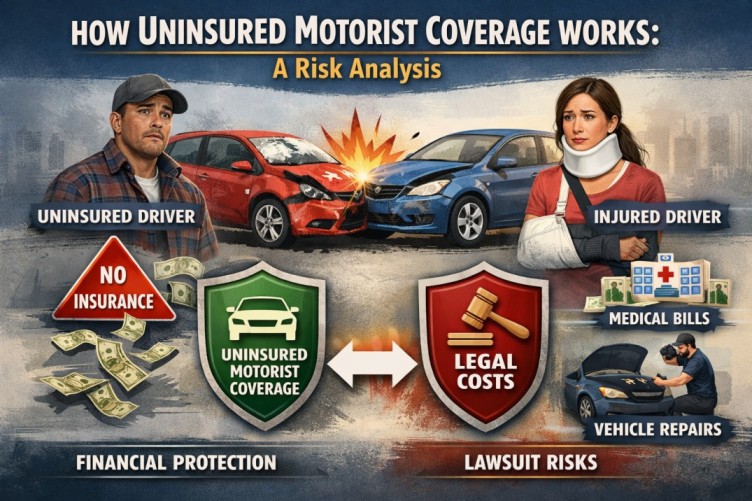 Uninsured motorist coverage illustration showing crash, injured driver, and financial protection vs legal and repair costs