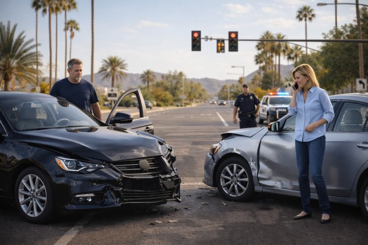 Car accident scene in Phoenix with damaged vehicles and driver speaking to emergency services