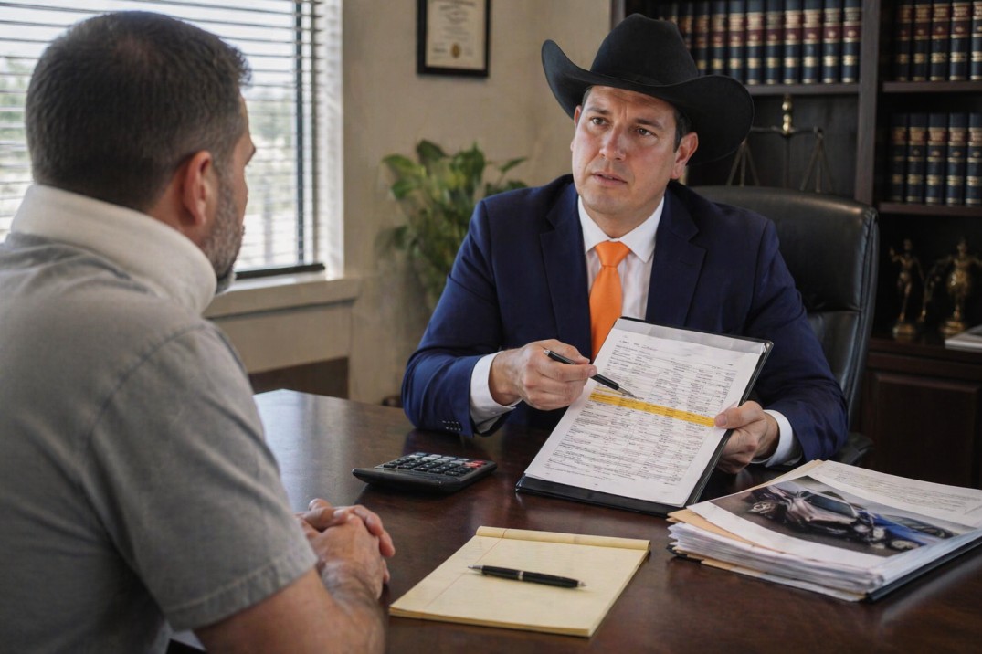 Insurance adjuster reviewing and reducing an accident injury claim during a settlement meeting
