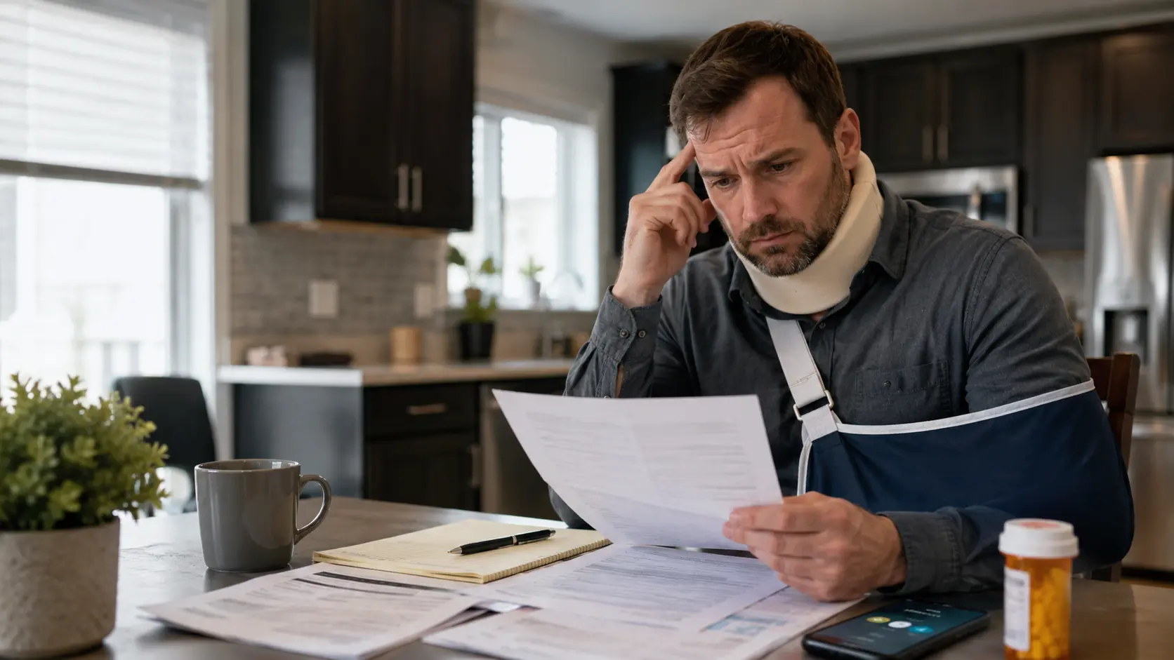 Injured accident victim reviewing medical and insurance paperwork after an accident