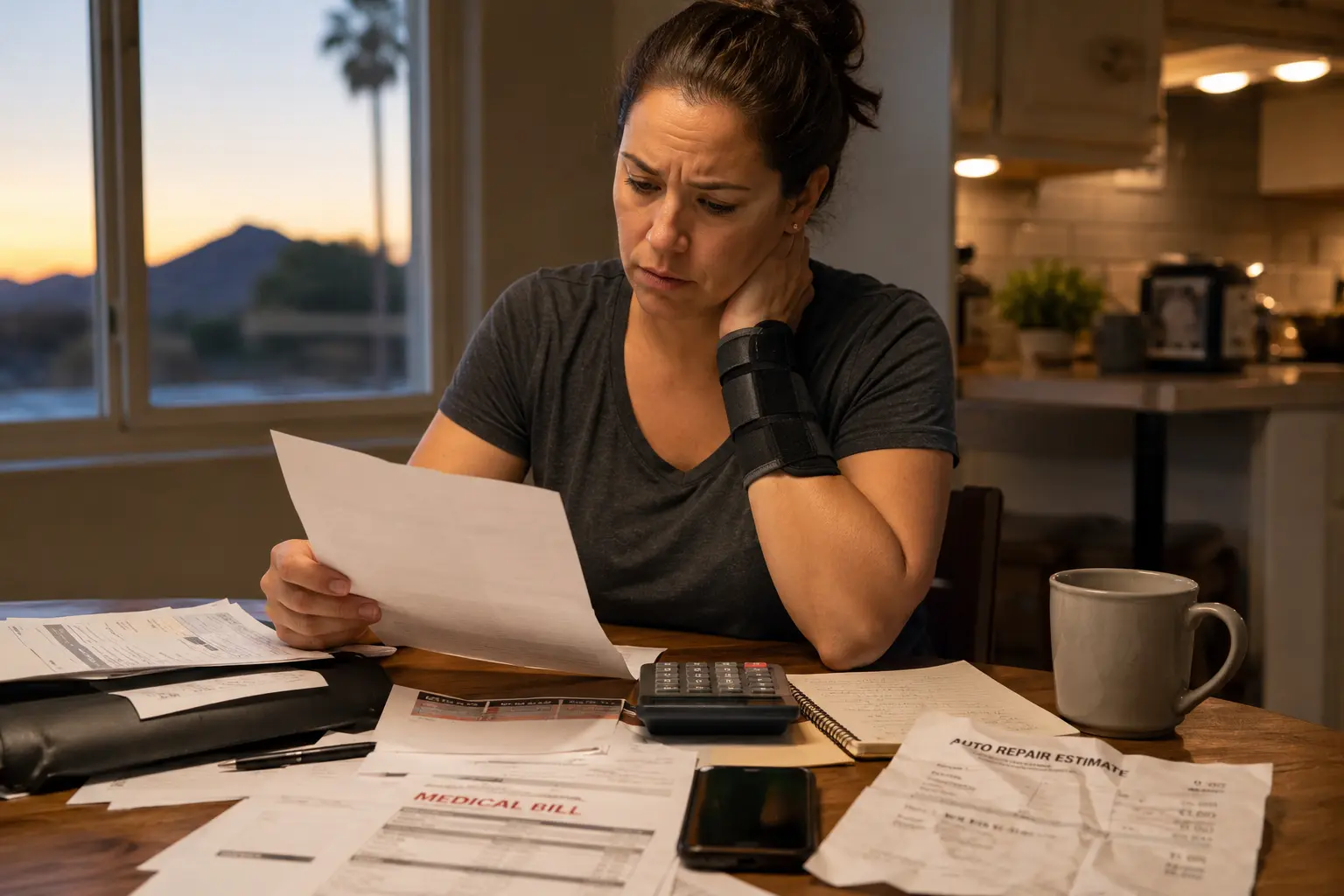 Arizona accident victim reviewing a lowball insurance settlement offer with medical bills, auto repair estimates, and a calculator at home.