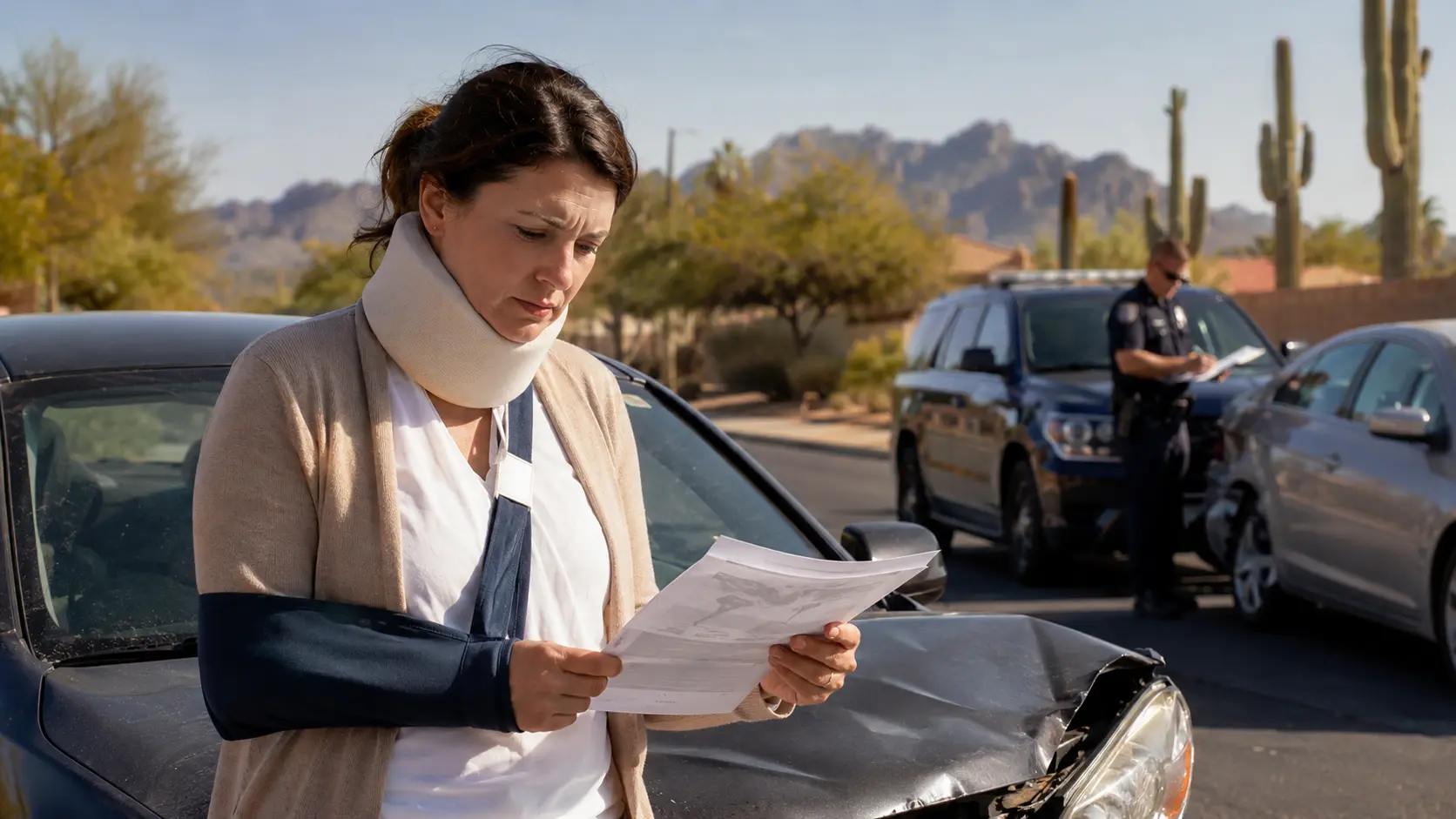 Injured Arizona car accident victim wearing a neck brace and arm sling while reviewing medical paperwork beside a damaged vehicle.