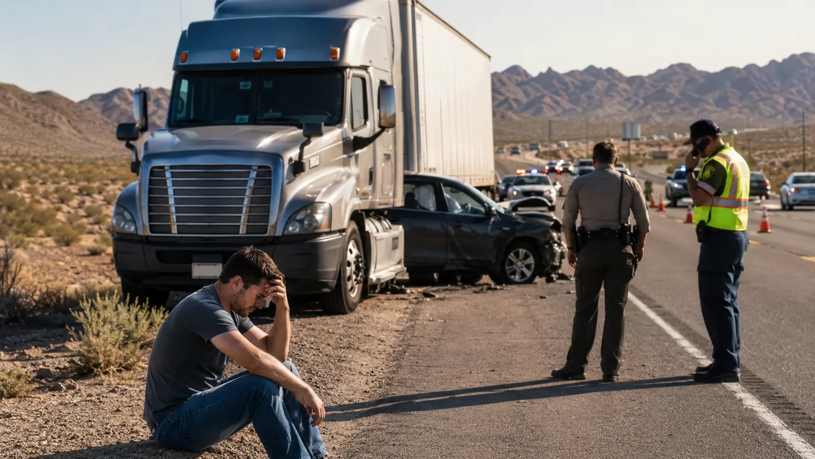 A realistic crash scene on an Arizona desert highway showing a semi-truck, a damaged passenger vehicle, emergency responders, and an injured driver sitting on the roadside.