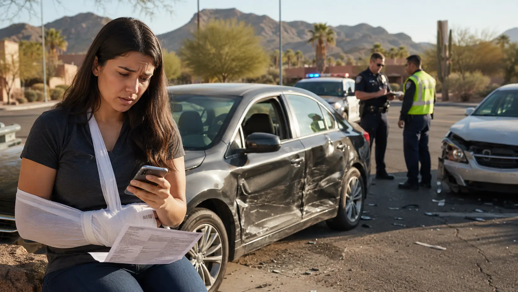 Injured rideshare passenger holding medical papers and a phone near a damaged car after an Uber accident in Arizona.