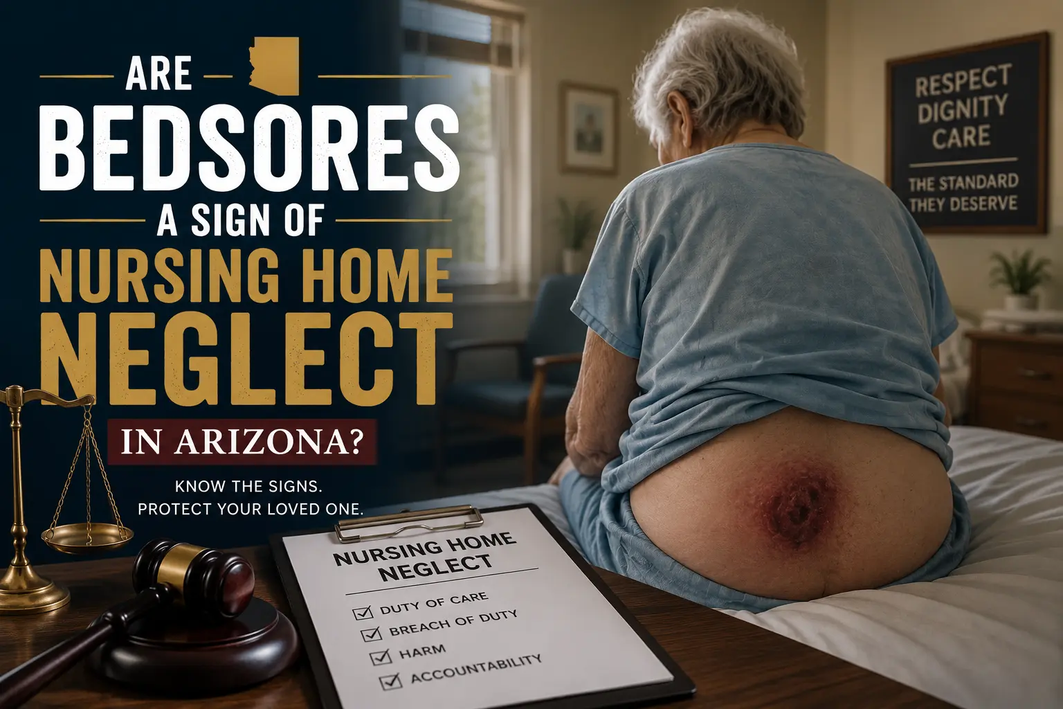 Elderly nursing home resident with a bedsore representing possible neglect in Arizona