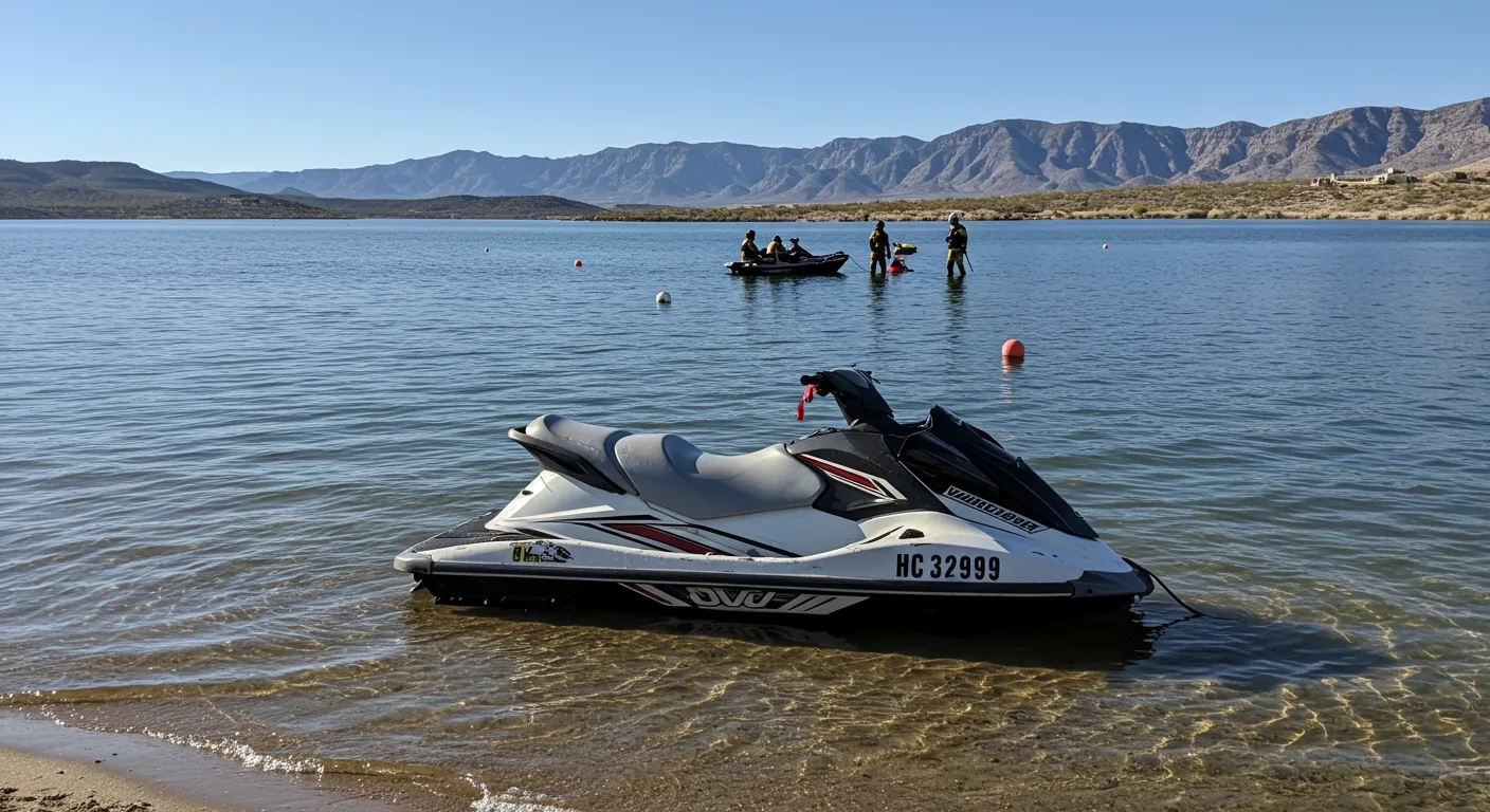 Jet ski on the water near an Arizona shoreline with mountains in the background
