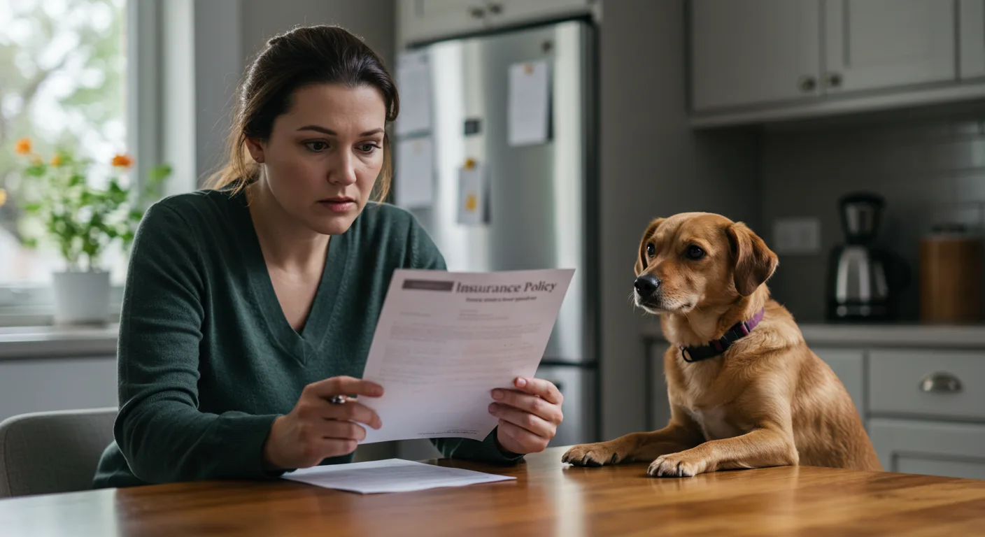 Woman reviewing insurance documents beside her dog