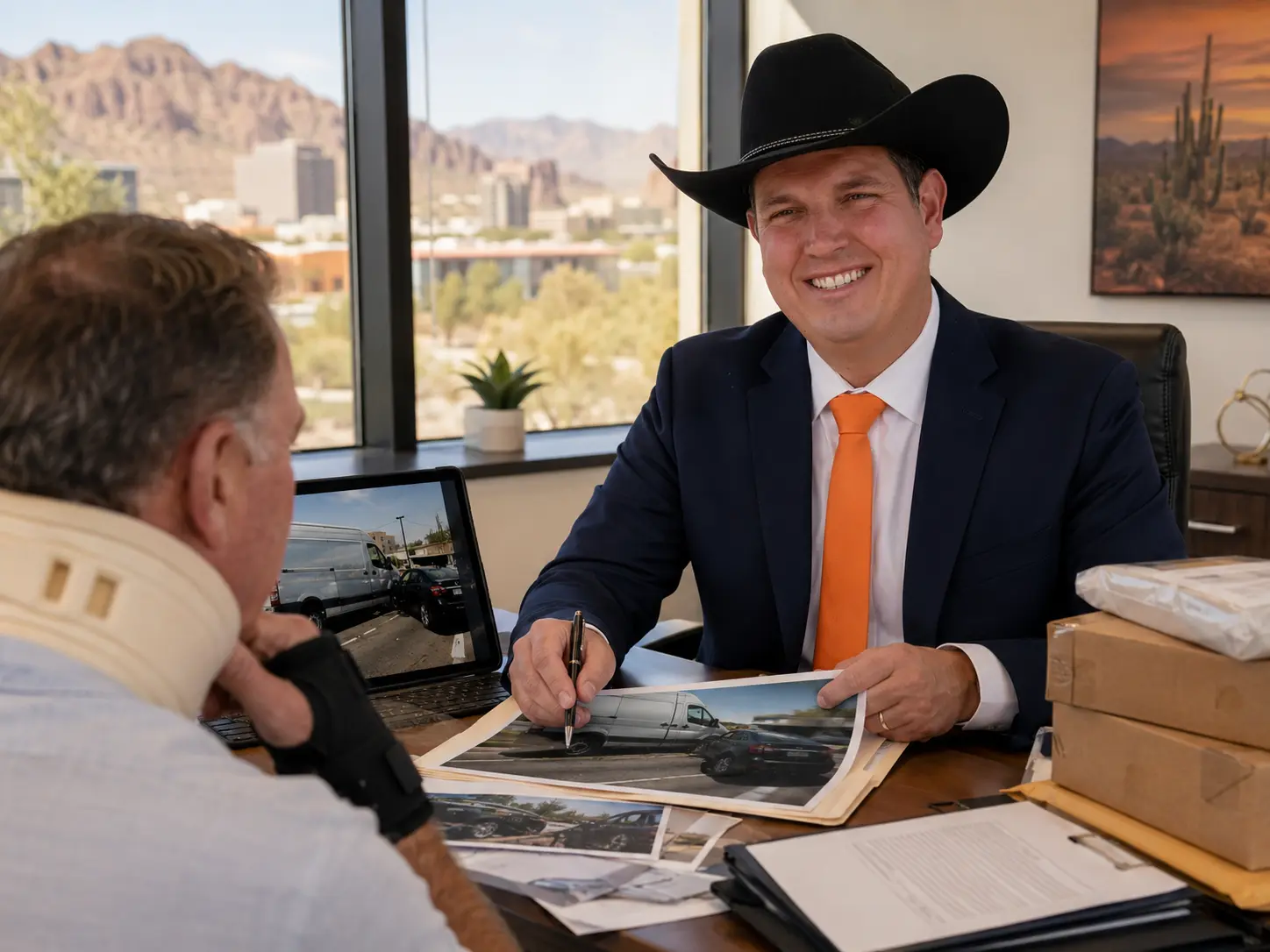 Arizona personal injury attorney reviewing delivery van crash evidence with an injured client during an office consultation.