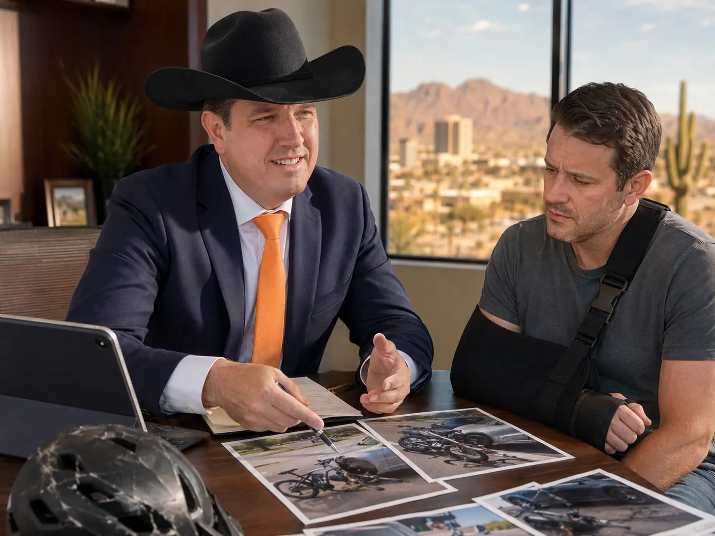Arizona personal injury attorney reviewing e-bike crash evidence with an injured rider wearing an arm sling during an office consultation.
