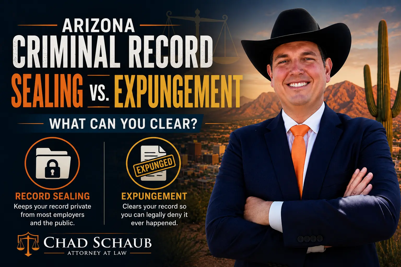 Chad Schaub explaining Arizona criminal record sealing vs. expungement and what records can be cleared