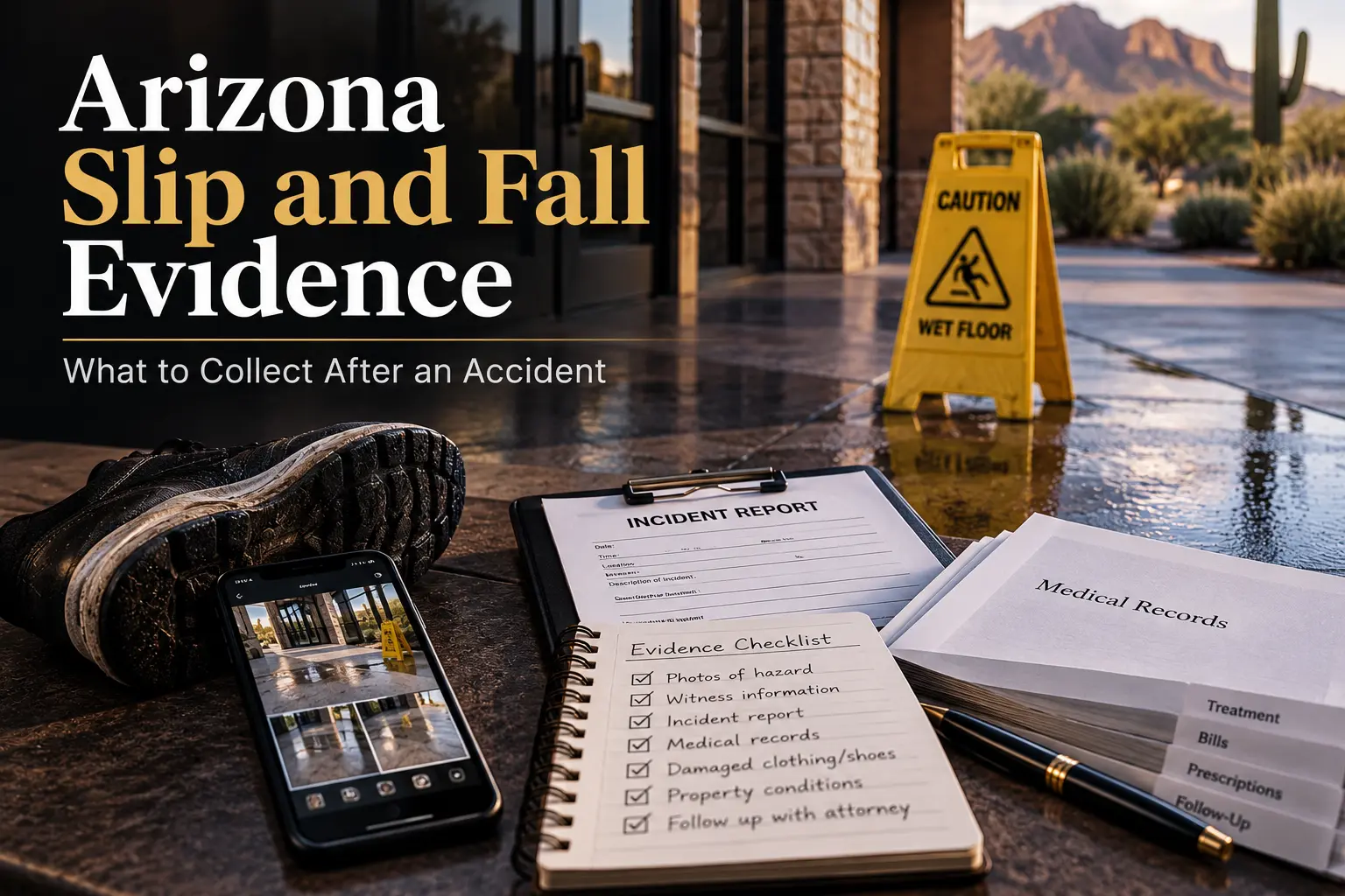 Arizona slip and fall evidence checklist with photos, incident report, medical records, and damaged footwear
